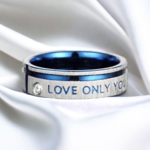 Engagement Wedding Ring Love Only You Stainless Steel Blue Silver Unisex - Picture 5 of 6